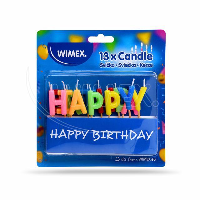 Narodeninové sviečky na tortu HAPPY BIRTHDAY 65mm/13ks na špajdli