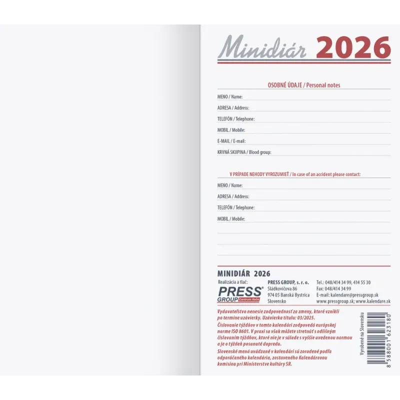 Diár 2026 týždenný vreckový MINI PVC D-03 čierny